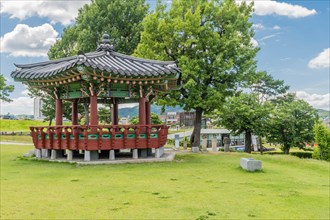 Beautiful oriental picnic pavilion in historic Hongjueupseong walled town in South Korea
