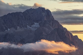 Mountain peak in the evening light, clouds, Zugspitze, Wetterstein range, Upper Bavaria, Bavaria,
