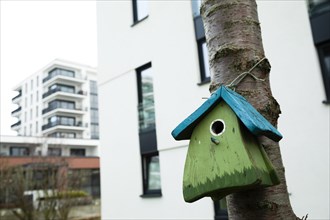 Nesting box in front of apartment block, Freiburg, Baden-Wuerttemberg, Germany, Europe