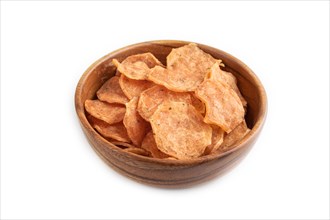 Slices of dehydrated salted meat chips isolated on white background. Side view, close up