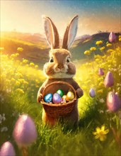 Cute rabbit holding a basket with colorful Easter eggs walking a footpath through the spring meadow