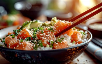 Fresh sliced salmon and avocado over rice, sprinkled with sesame seeds in a sushi bowl, AI