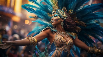 A dancer mascot adorned in a dazzling costume with feathers, immersed in the energetic atmosphere