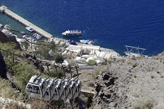 Fira, Santorini Island, Greece Panoramic view, with cable car cabins from the old harbour
