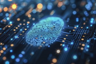 A digital fingerprint on a glowing blue circuit represents biometrics and data security, cyber