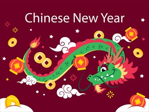 Festive Chinese New Year illustration featuring a dragon, lanterns, and coins on a red background
