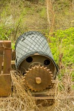 Discarded conveyor belt motor with chain sprocket laying in tall weeds