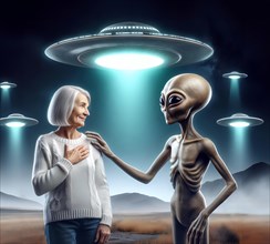 Science fiction, space travel, an alien alien greets a human woman, UFO landing in the back, flying
