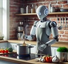 Science fiction, technology, a humanoid robot stands at the cooker with a kitchen apron and cooks,