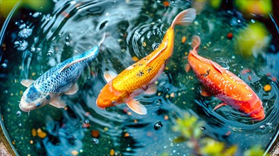 Three colourful koi carp in the colours blue, orange and red swim in a small pool with clear water,