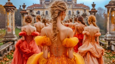 A woman in an orange dress facing away, overlooking a castle garden, AI generated