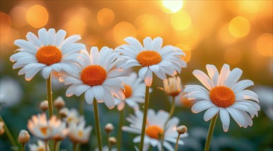 Evening light casts a serene glow on white Angelita daisies with a soft bokeh background, AI