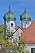 Onion domes of the monastery church St.Lambert in Seeon monastery, former Benedictine monastery,