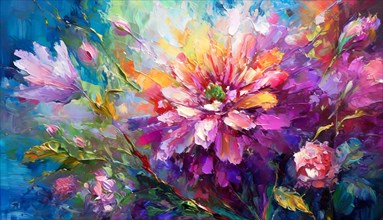 Lush colourful blossoms, bouquet of flowers painted in oils, paintings in vibrant colours, digital