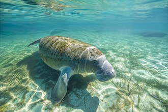 A manatee (Trichechus manatus) swims relaxed in the clear blue water, surrounded by sunlight and