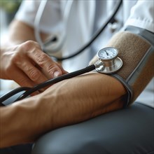 A man checks his blood pressure with a measuring device. Avoidance of bulk hypertension, scarcity,