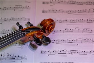 Detailed view of a violin with scroll and pegbox in front of sheet music, selective focus on