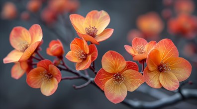 A branch of Vivid Berberis thunbergii orange-red flowers against a soft-focused background, AI