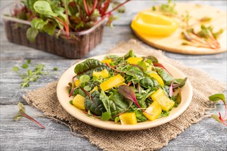 Vegetarian vegetables salad of yellow pepper, beet microgreen sprouts on gray wooden background and