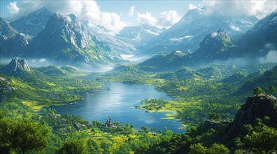 Mountainous backdrop with a lake featuring small islands, reflecting the idyllic green fields and