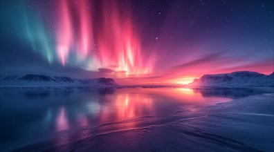 A tranquil arctic sunset with reflections on the ice, intensified by a striking aurora borealis