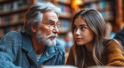 Old man and young woman in a deep discussion, surrounded by library books, AI generated