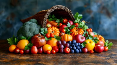 A basket brimming with colorful autumn vegetables and fruits against a wooden backdrop, AI