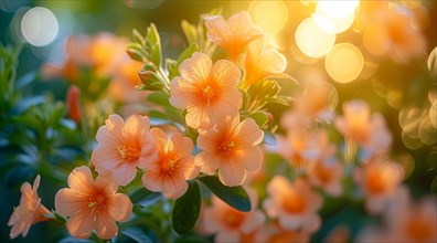 Warm sunlight illuminates delicate orange campsis summer jazz trumpet flowers with green foliage in