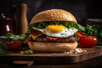 Hamburger with fried egg on cutting board. KI generiert, generiert AI generated