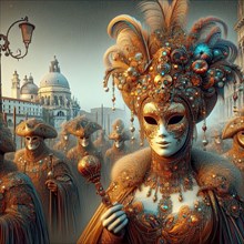 A regal-looking figure in a richly ornate mask and costume overlooking Venice at dusk ai generated,