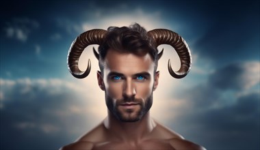 Young male Aries zodiac sign with Aries horns with dark hair and blue eyes against the background