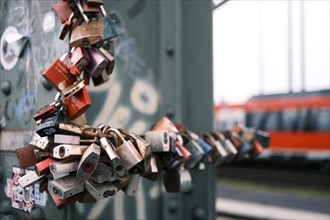 Love locks on a bridge over the Rhine, behind it a railway, blurred background, Cologne, Germany,