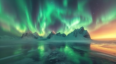 Dramatic green and yellow aurora borealis arching over snowy mountains with icy reflections, AI