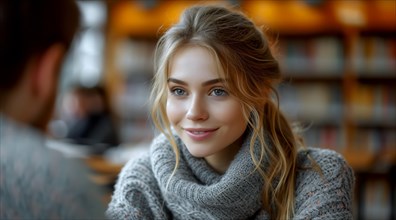 Attentive young woman listening intently in a comfortable library setting, AI generated