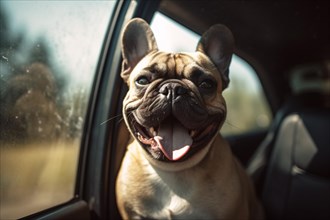 Panting French Bulldog dog in car. KI generiert, generiert AI generated