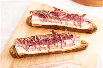 Bread sandwiches with jerky salted meat and lard with beet microgreen on gray concrete background.