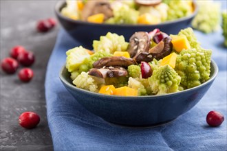 Vegetarian salad from romanesco cabbage, champignons, cranberry, avocado and pumpkin on a black