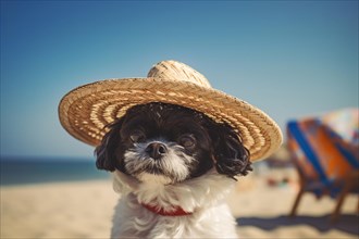 Small dog with summer straw hat on beach. KI generiert, generiert AI generated