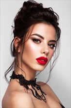 Gorgeous Young Brunette Woman face portrait. Beauty Model Girl with bright eyebrows, perfect