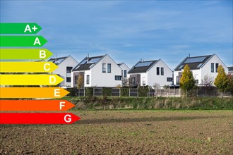 Solar systems on the houses of a new housing estate, diagram with energy efficiency classes for