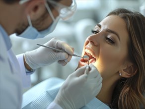 A patient is treated in a dental practice by a dentist, AI generated