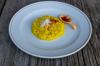 Elegant Plate with Risotto alla Milanese with Saffron and Parmesan Cheese on an Old Wood Table in