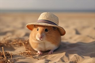Hamster with summer straw hat at beach. KI generiert, generiert AI generated