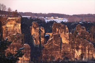 Elbe Sandstone Mountains in winter, Bastei Rocks, Saxony, Germany, Europe