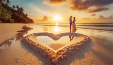 Heart shape in the sand on an exotic beach with silhouette of a couple on a date together at the