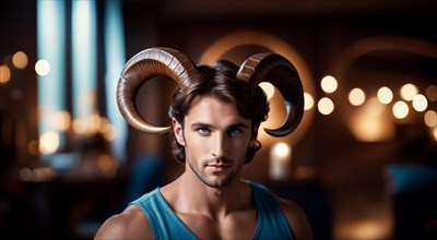 Young male Aries zodiac sign with Aries horns with dark hair and blue eyes against the background