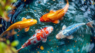 Four colourful koi carp swim in a small pool with clear water, KI generated, AI generated