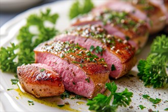 Perfectly cooked pink duck breast with pepper and parsley on a light-coloured plate, KI generated,