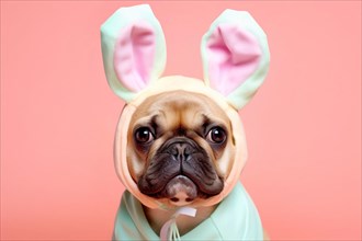 French Bulldog dog puppy wearing pink Easter bunny hoodie with ears. KI generiert, AI generated