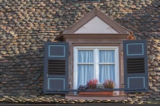 Historic roof, plain tile roofing, window dormer, Wissembourg, Weissenburg, Alsace, France, Europe
